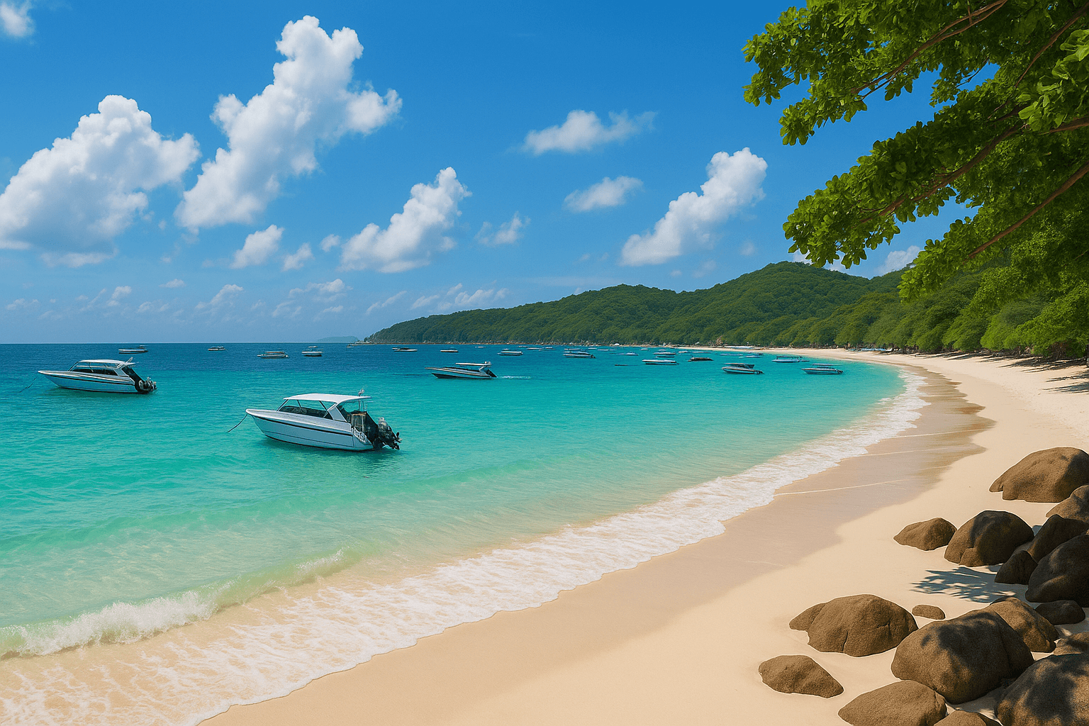 Coral Island with turquoise water and boats
